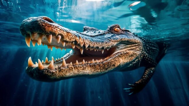 Underwater view of the river waters, a menacing crocodile lurks, its eyes fixated on its prey as it prepares for a stealthy attack. Generative AI