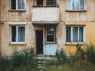Deserted residential buildings with broken windows and overgrown yards, abandoned and forgotten