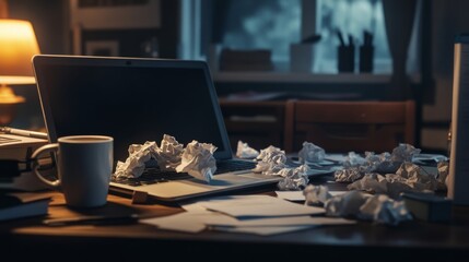 Workspace with Laptop, Coffee, and Crumpled Papers: Creative Block and Frustration Concept