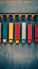 An aerial view of a line of semi-trucks parked at a loading dock.