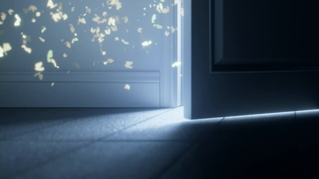 Door Opening, Bright Shining Glowing Light Appears in Dark Room
