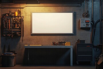 A blank white frame is positioned on a wall in a workshop, flanked by organized tools and equipment. The setting highlights a minimalist design, creating space for creative ideas.