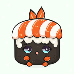 Scared Sushi character. Vector hand drawn traditional cartoon vintage, retro, kawaii character illustration icon. Isolated light green background. Cry Sushi character concept