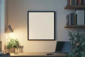 An empty black frame is mounted on the wall of a warm workspace. A laptop sits on a wooden desk beside a potted plant and a lamp, creating a serene and stylish environment for creativity.