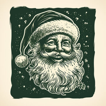 Vintage Lino Print Style Santa Claus Portrait in Green