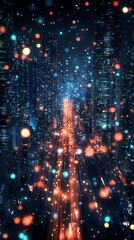 Obraz premium A vibrant, digital city skyline with glowing lights and a blurred background.