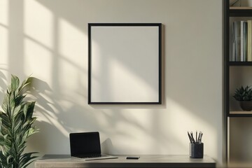 An empty black frame is positioned on a light-colored wall above a minimalist desk. The workspace features a laptop and a pen holder filled with pens, accompanied by a plant for a fresh touch.