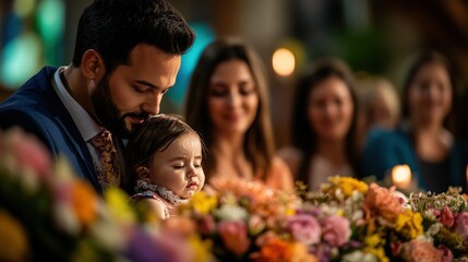 Fototapeta premium A father cradles his baby in a flower-filled church setting, illustrating the poignant bond of parenthood and the peaceful, reverent ambiance of the space.