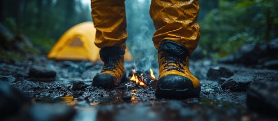 Close-up Of A Hiker's Boots By A Fire In The Woods