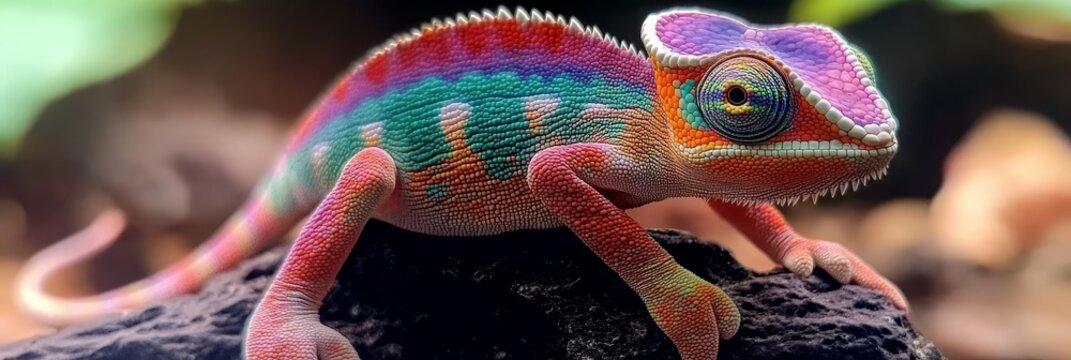 Panther Chameleon, Closeup in Nature Showcasing Vibrant Colors with Scales, Reptile Pet Portrait.