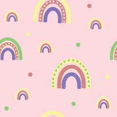 Cartoon seamless pattern with hand drawn rainbows on the pink background. Cute vector texture for kids bedding, fabric, wallpaper, wrapping paper, textile, t-shirt print.