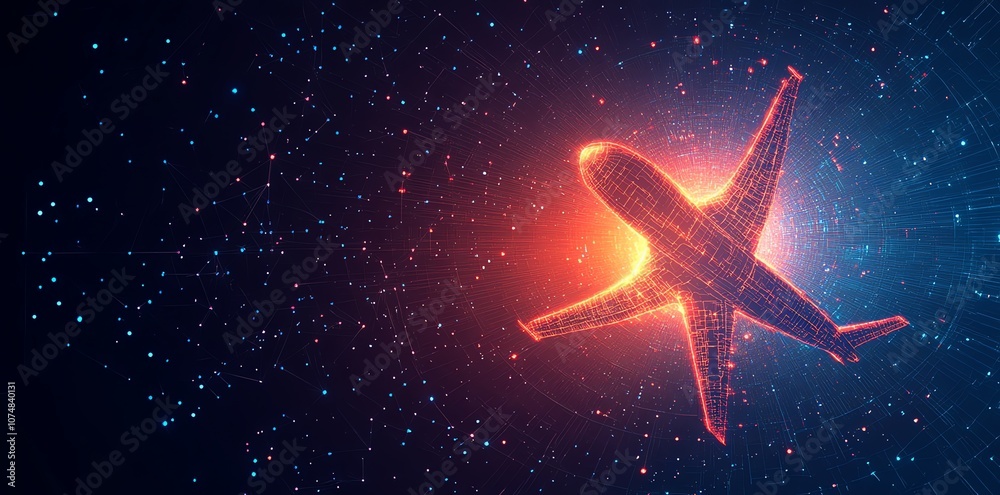 Poster abstract digital airplane flying in a digital galaxy with lights and dots.