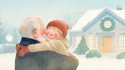Child and grandparent reunion in snowy yard, joyful embrace, in concept of christmas homecoming