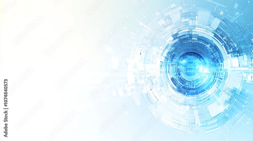 Poster abstract futuristic blue eye with digital patterns and white background.