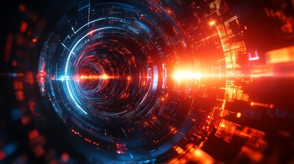 Obraz premium A glowing, futuristic digital tunnel with bright orange and blue lights.