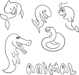 A set of cartoon icons or logos in the form of fish and reptiles.