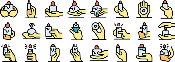 Diverse collection of hand gestures interacting with candles and lighters, symbolizing fire, light, and warmth
