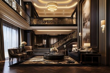 luxury black and cream mezzanine room with modern furniture set and elegant wooden floor 