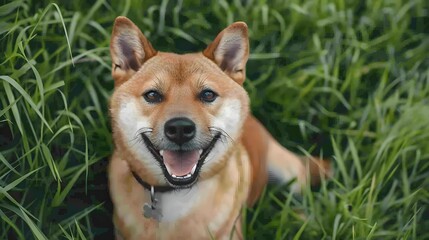Fototapeta premium Happy Shiba Inu relaxing in tall green grass during a sunny afternoon outdoors