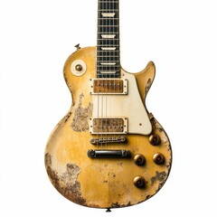 Worn gold electric guitar with white background.