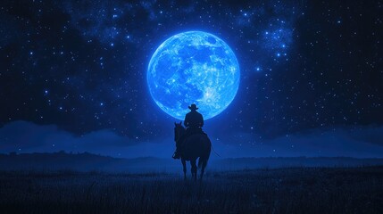 Cowboy Silhouette on Horseback with Oversized Blue Moon and Starry Sky Background for Western and Nighttime Scenes