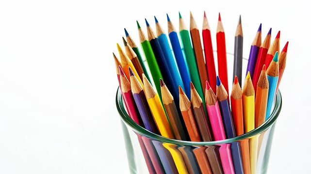 Colorful Pencils in a Glass Cup on White Background.
