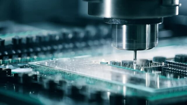 A semiconductor factory, high precision machine is seen creating computer microchip hardware. The precision and sophistication of the technological equipment manufacturing chips. Generative AI