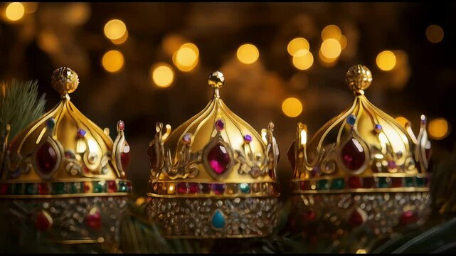 Three Kings' Crowns. Three gold jewelry crowns standing on black background with gold bokeh. The Three Wise Men - Los Tres Reyes Magos celebration, Epiphany day