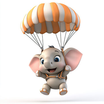 3D funny cartoon baby elephant on a parachute, isolated, on a white background. Funny print for T-shirts. Character for a logo, illustration for an ironic advertisement of parachute sections, active r