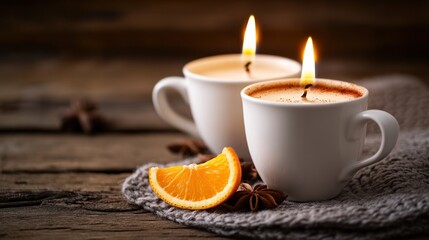 Two cups with candles, orange slice, and spices on a cozy surface.