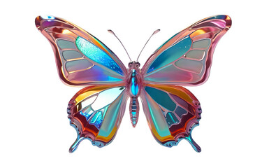 3D chrome element in Y2K style, isolated background, liquid holographic metal. A butterfly with a rainbow colored body and wings, shiny surface.