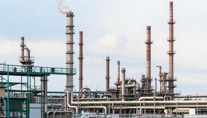 Fototapeta premium An industrial facility with multiple tall chimneys and complex machinery, surrounded by greenery and fields, under a clear sky. AI generated. 