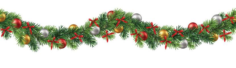 Vector seamless pattern or decorative border with green branches and christmas ornaments and ribbons on white background