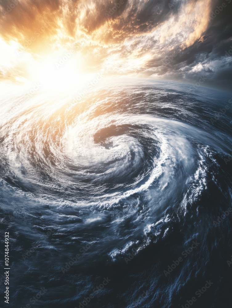 Poster the formation of a powerful hurricane is visible over the ocean as the sun sets, casting dramatic li