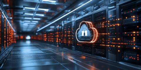 A glowing cloud icon shines over server racks in a data center.