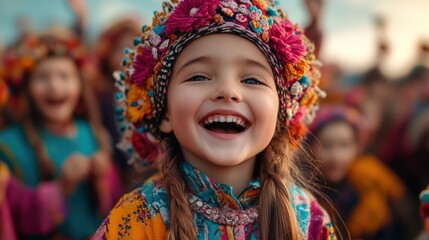 Fototapeta premium A cheerful child with braided hair beams with joy, wearing a vibrant, flower-adorned headdress and traditional clothing, capturing a moment of happiness and cultural richness.