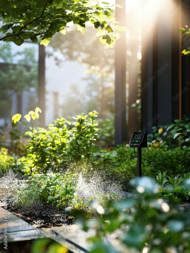 Aufkleber lush greenery thrives in a smart garden equipped with automated sprinklers and soil sensors, glowing
