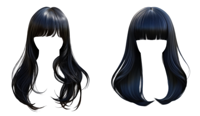 Two anime women's wigs with air bangs style. black hair. transparent background
