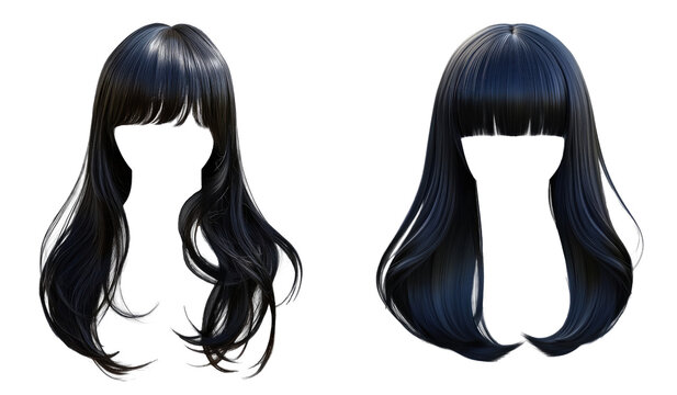 Two anime women's wigs with air bangs style. black hair. transparent background