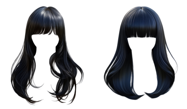 Two anime women's wigs with air bangs style. black hair. transparent background