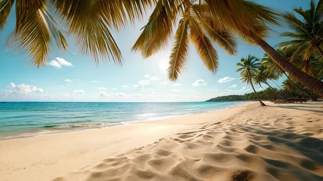 On the sandy shore, tall palm trees sway gently beneath a vibrant blue sky, creating a picturesque tropical paradise that beckons with its beauty and serenity. Generative AI