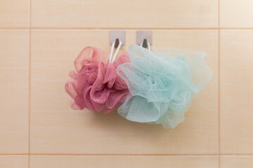 A Variety of Colorful Shower Loofahs Tastefully Hanging on the Bathroom Wall for a Splash of Fun