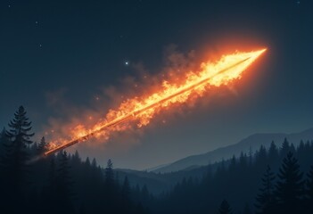 Fiery arrow shot across the starry night sky with smoke trailing over a dark forest landscape