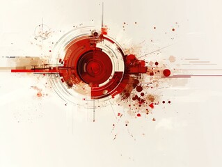 Abstract red and white design with geometric shapes and splatter effects.