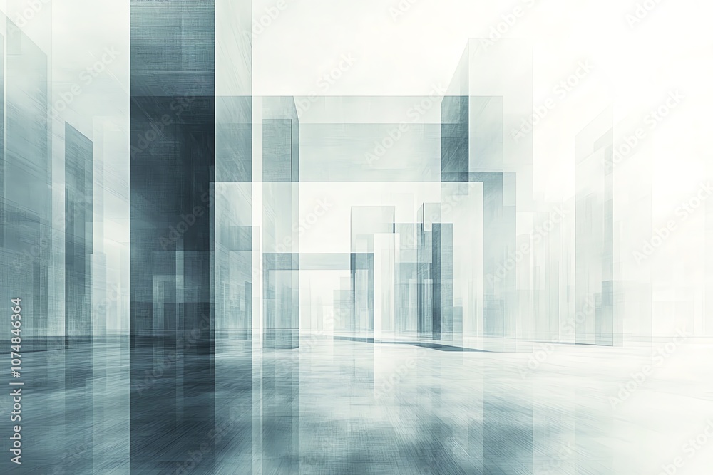 Poster Abstract 3D rendering of a futuristic city with tall buildings and a reflective floor.