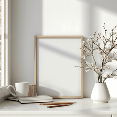 Mockup for a poster standing on a table.
