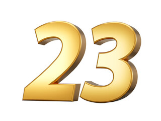 Obraz premium Golden metallic Number 23 Twenty three, White background 3d illustration 