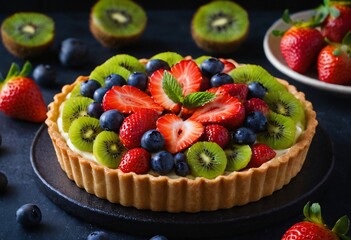 Close-up shot of a vibrant fruit tart with fresh strawberries, blueberries, and kiwi, arranged on a buttery crust, topped with a glaze, against a dark background. Ai generated image.