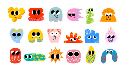 Funny cartoon characters mascots in trendy retro style and different geometric shapes. Hand drawn abstract funny cute comic characters sticker pack. Diversity concept.