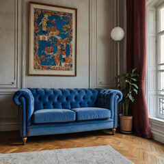 Arafed blue couch in a room with a painting on the wall